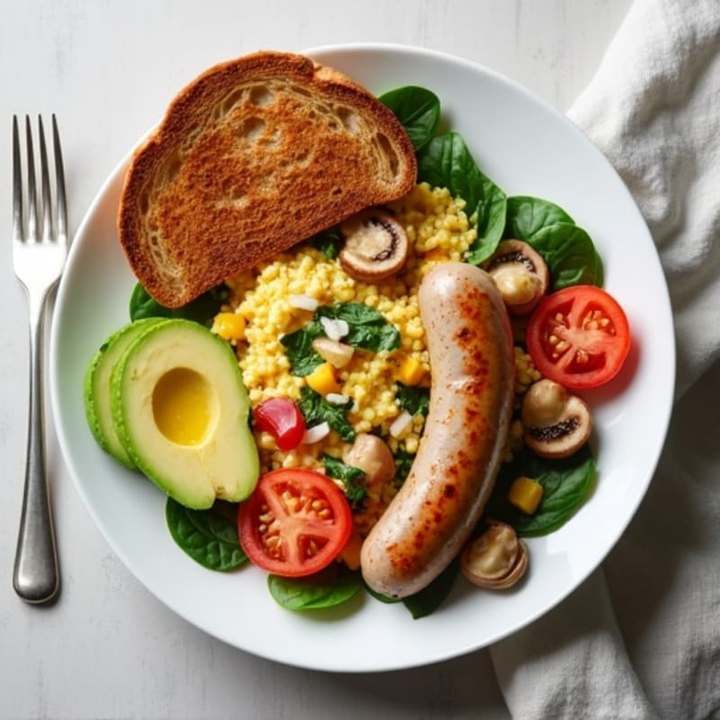 Egg White Veggie Scramble with Grilled Turkey Sausage