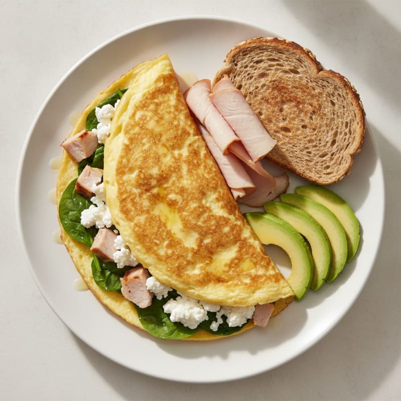 Egg White Spinach Omelette with Cottage Cheese and Sliced Turkey Breast