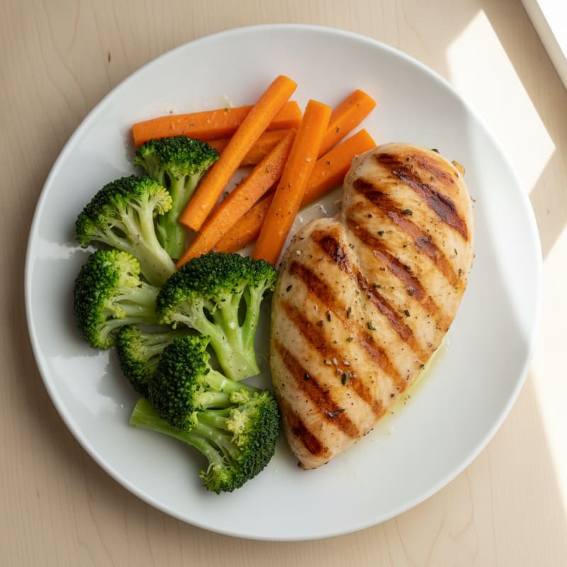 Grilled Chicken Breast with Steamed Broccoli and Carrot Sticks