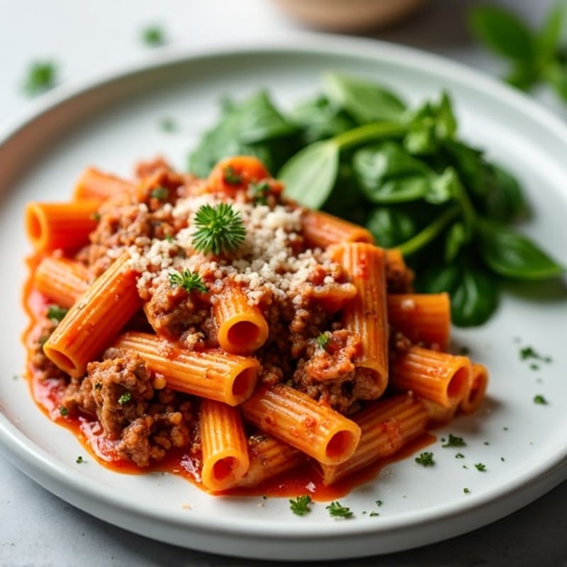 Lean Ground Beef Baked Ziti with Rich Tomato Sauce and Spinach