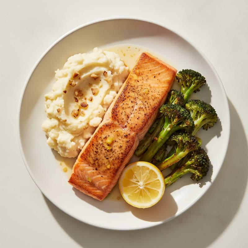 Seared Salmon with Roasted Broccoli and Garlic Mashed Cauliflower