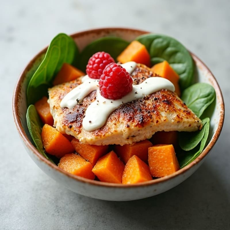 Creamy Sweet Potato and Chicken Bowl with Fresh Raspberries