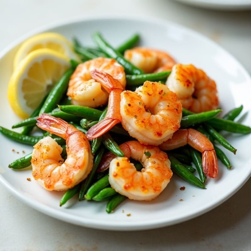 Lemon Garlic Pan-Seared Shrimp with Crispy Green Beans