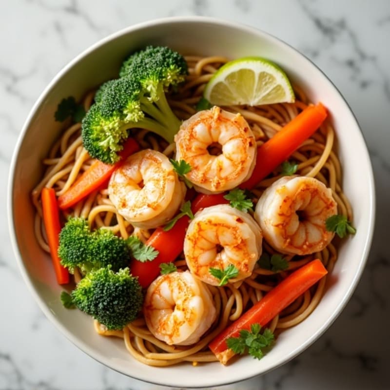 Shrimp with Tangy Peanut Noodles and Crunchy Vegetables