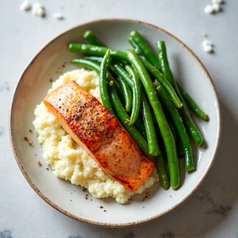 Seared Salmon with Garlic Green Beans and Cauliflower Mash