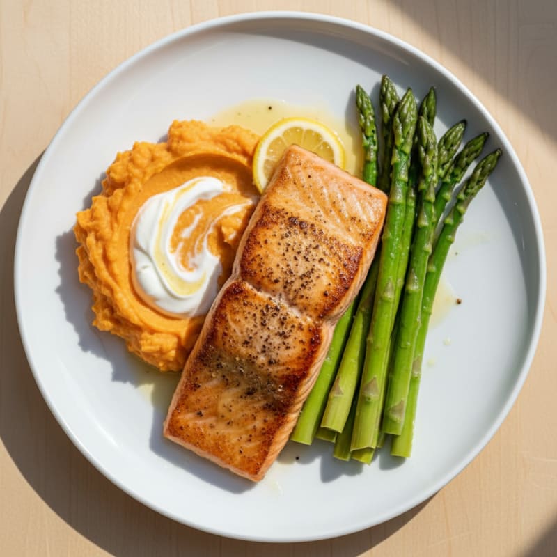 Seared Salmon with Steamed Asparagus and Sweet Potato Mash
