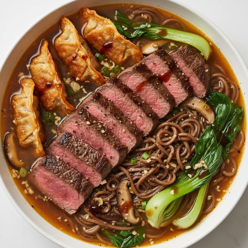 Tender Pan-Seared Steak and Crispy Dumpling Ramen