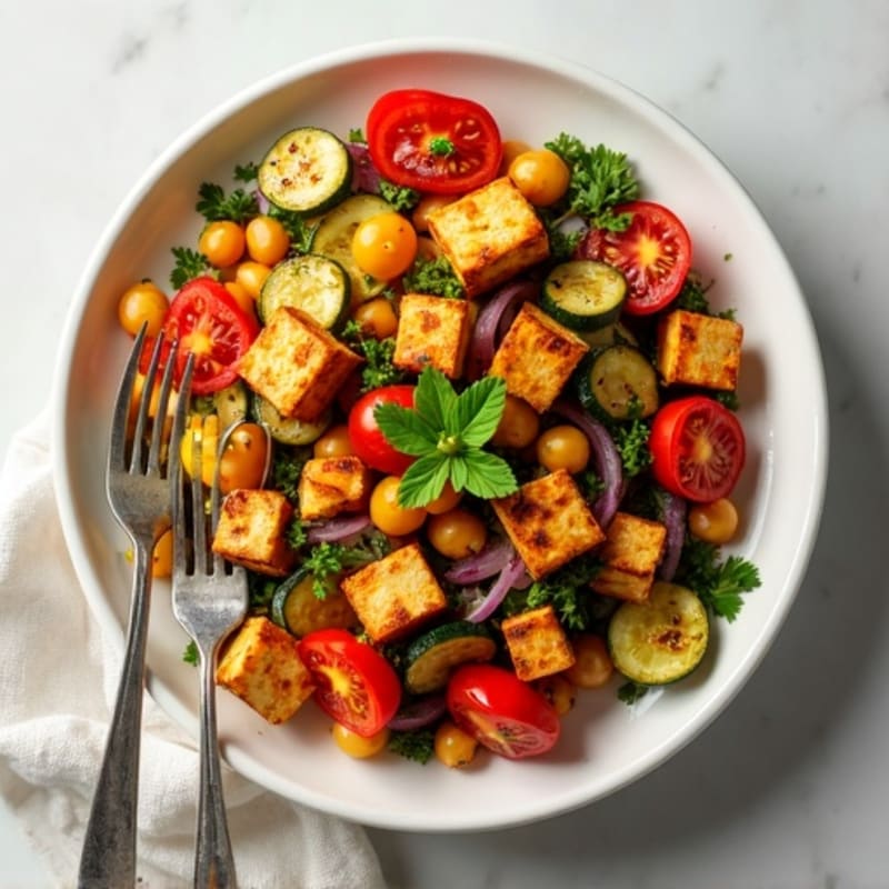 Sheet Pan Roasted Vegetables and Crispy Chickpeas with Lemon-Herb Dressing