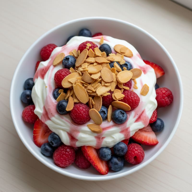 Vanilla Protein Yogurt Parfait with Mixed Berries and Almonds