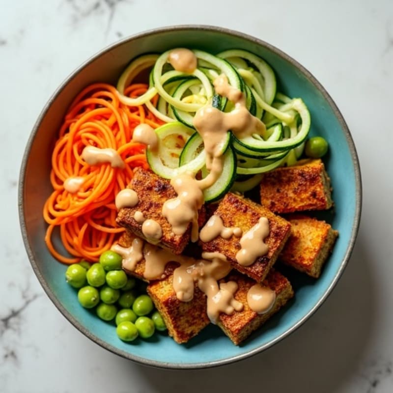Crispy Tofu Veggie Noodle Bowl with Peanut Sauce
