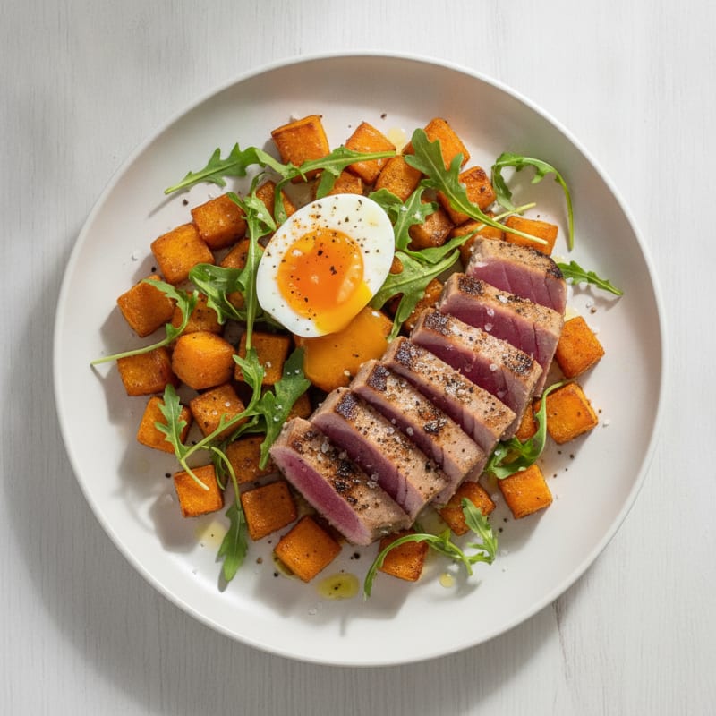 Seared Tuna with Roasted Sweet Potatoes and Eggs