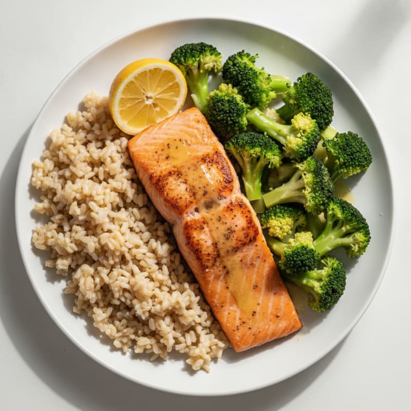 Seared Salmon Fillet with Steamed Broccoli and Brown Rice