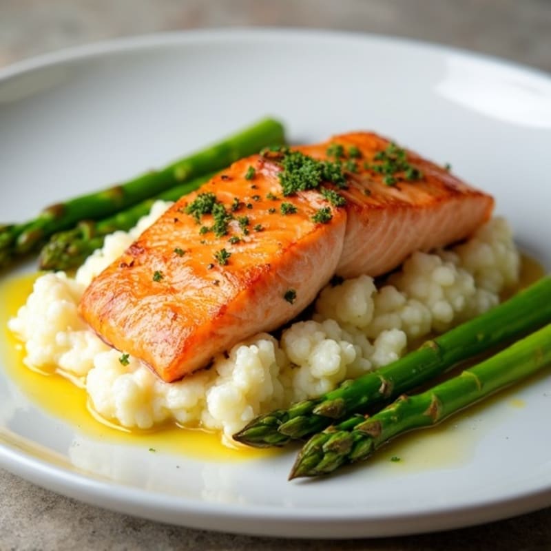 Seared Salmon with Steamed Asparagus and Garlic Cauliflower Mash