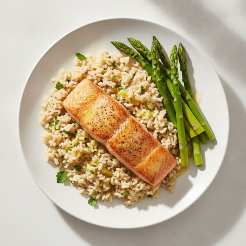 Seared Salmon with Steamed Asparagus and Lemon Herb Rice