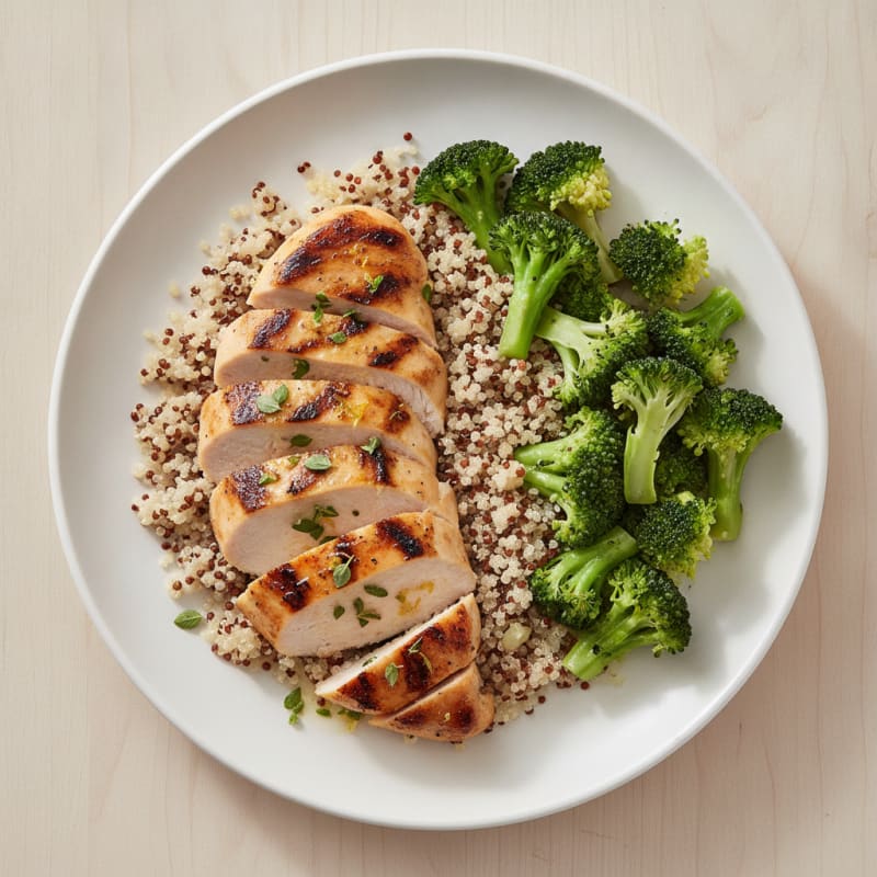 Grilled Lemon Herb Chicken Breast with Quinoa and Steamed Broccoli