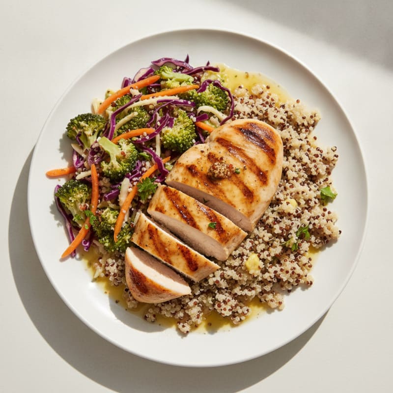 Grilled Chicken Breast with Quinoa and Crunchy Broccoli Slaw