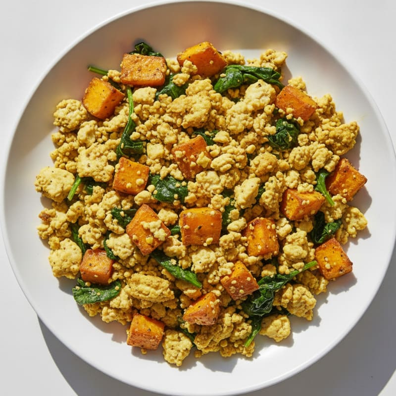 Silky Tofu Scramble with Sautéed Spinach and Roasted Sweet Potato