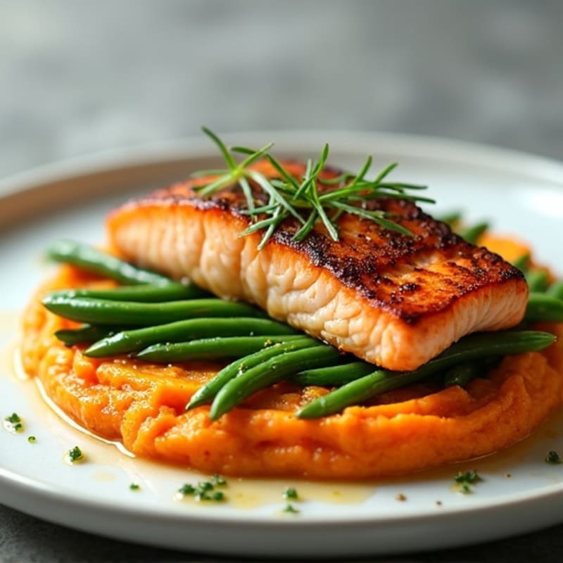 Seared Salmon with Steamed Green Beans and Sweet Potato Mash