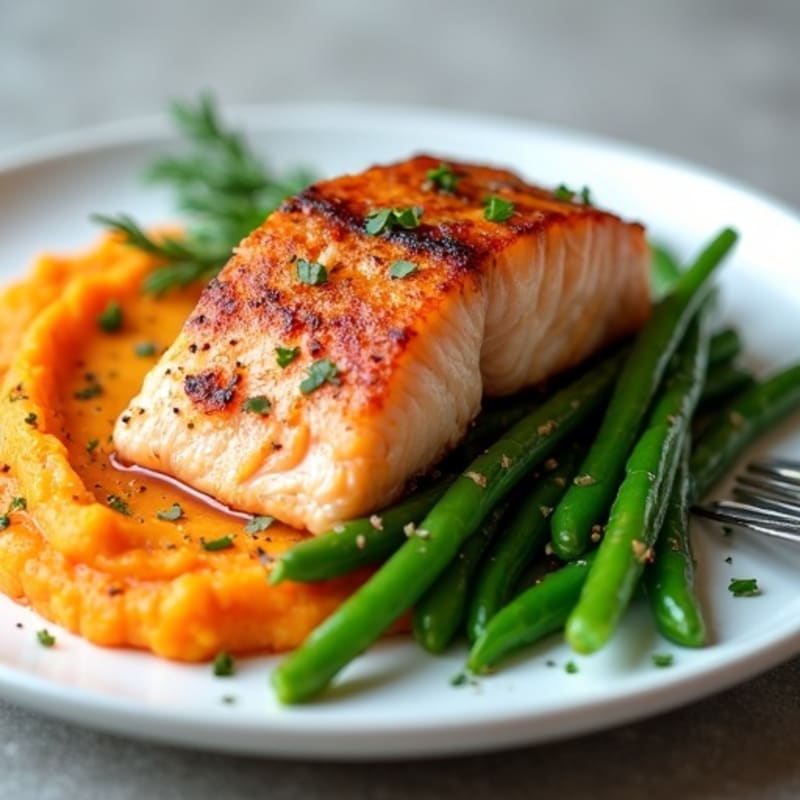 Seared Salmon with Steamed Green Beans and Sweet Potato Mash