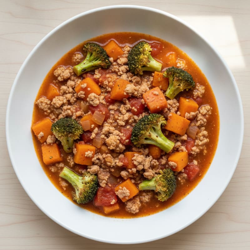 Ground Turkey Chili with Sweet Potato and Broccoli