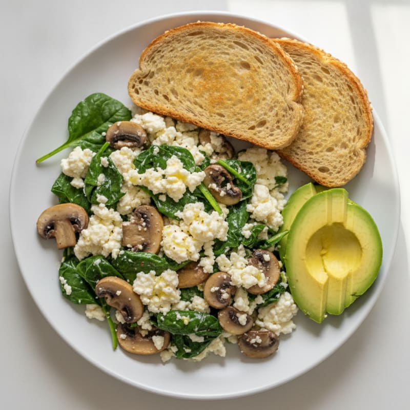 Egg White and Cottage Cheese Scramble with Spinach and Sautéed Mushrooms