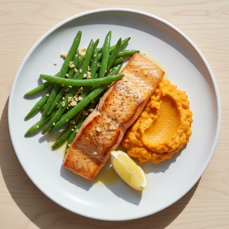 Seared Salmon with Garlic Green Beans and Sweet Potato Mash