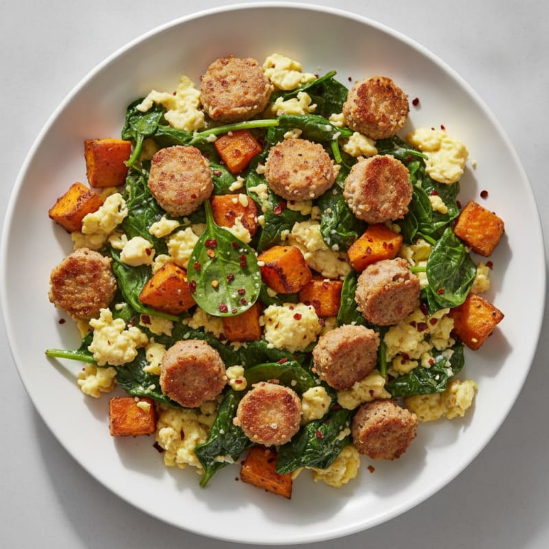 Crispy Turkey Sausage and Egg White Scramble with Sautéed Spinach
