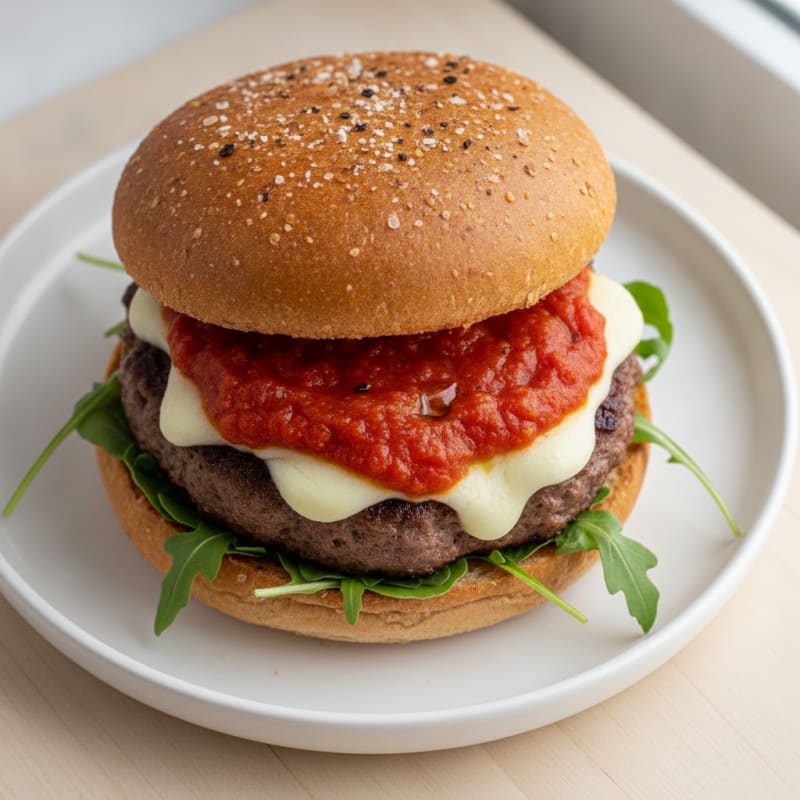 Mozzarella Stick Beef Burger with Marinara