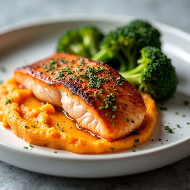 Seared Salmon with Roasted Broccoli and Sweet Potato Mash