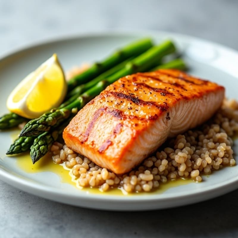 Seared Salmon Fillet with Steamed Asparagus and Brown Rice