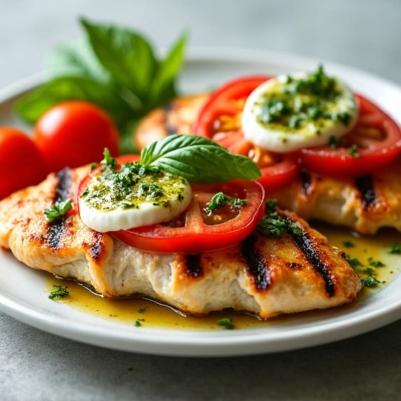Grilled Chicken with Fresh Tomato, Mozzarella, and Basil Pesto