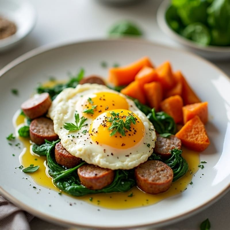 Egg White and Turkey Sausage Scramble with Spinach and Roasted Sweet Potato