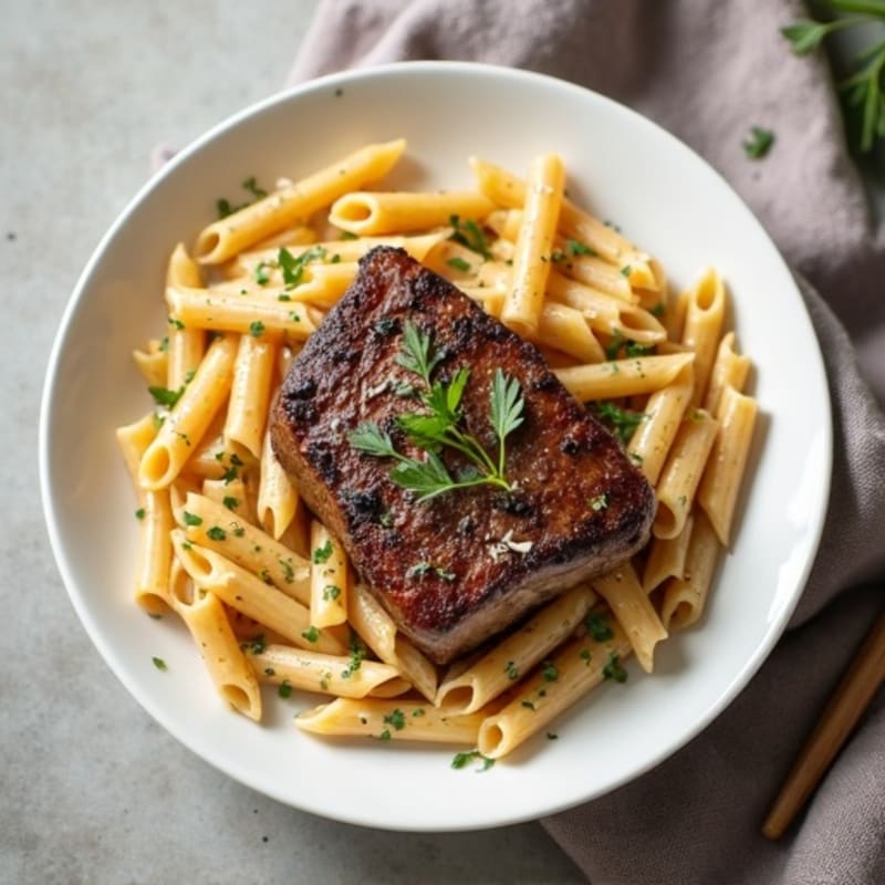Pan-Seared Steak and Creamy Garlic Whole Wheat Pasta