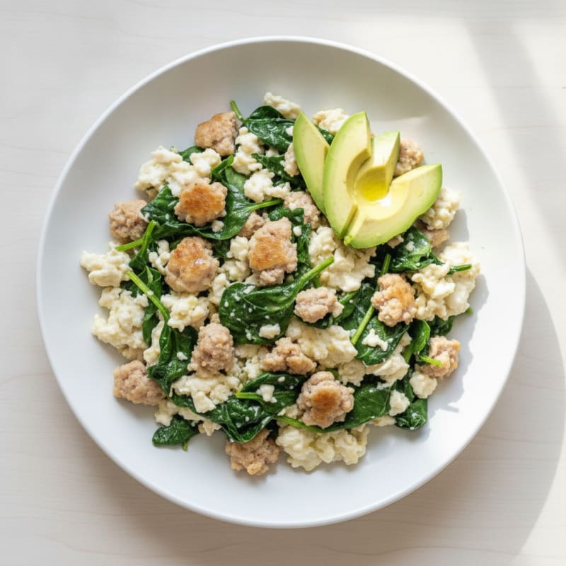 Egg White and Turkey Sausage Scramble with Sautéed Spinach