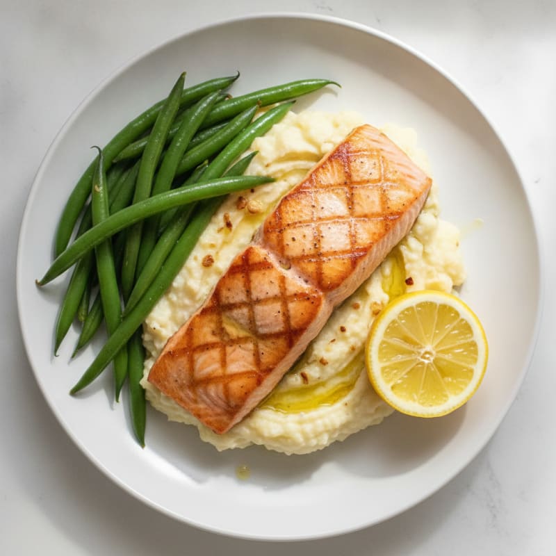 Seared Salmon Fillet with Steamed Green Beans and Garlic Mashed Cauliflower