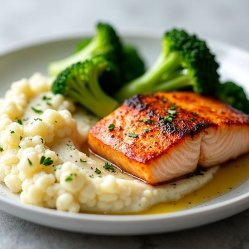 Seared Salmon Fillet with Steamed Broccoli and Garlic Mashed Cauliflower