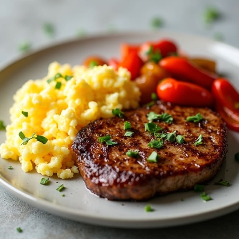 Pan-Seared Steak and Scrambled Eggs with Sautéed Bell Peppers and Onions