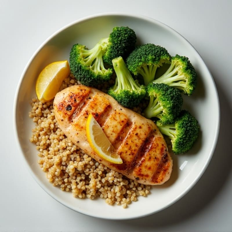 Grilled Lemon-Garlic Chicken Breast with Quinoa and Steamed Broccoli