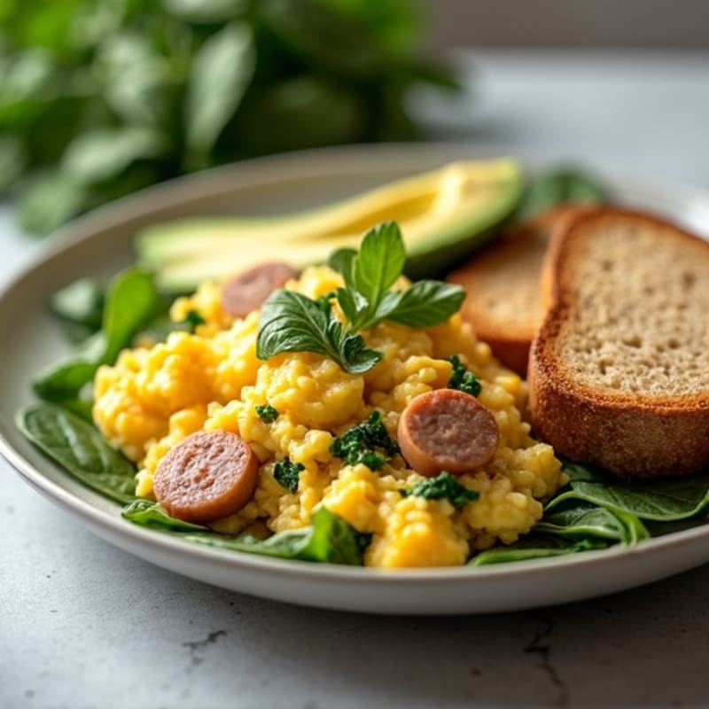 Egg White Spinach Scramble with Turkey Sausage