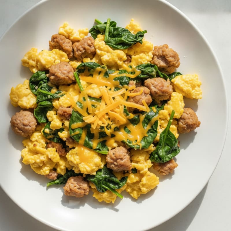 Cheesy Scrambled Eggs with Turkey Sausage and Spinach