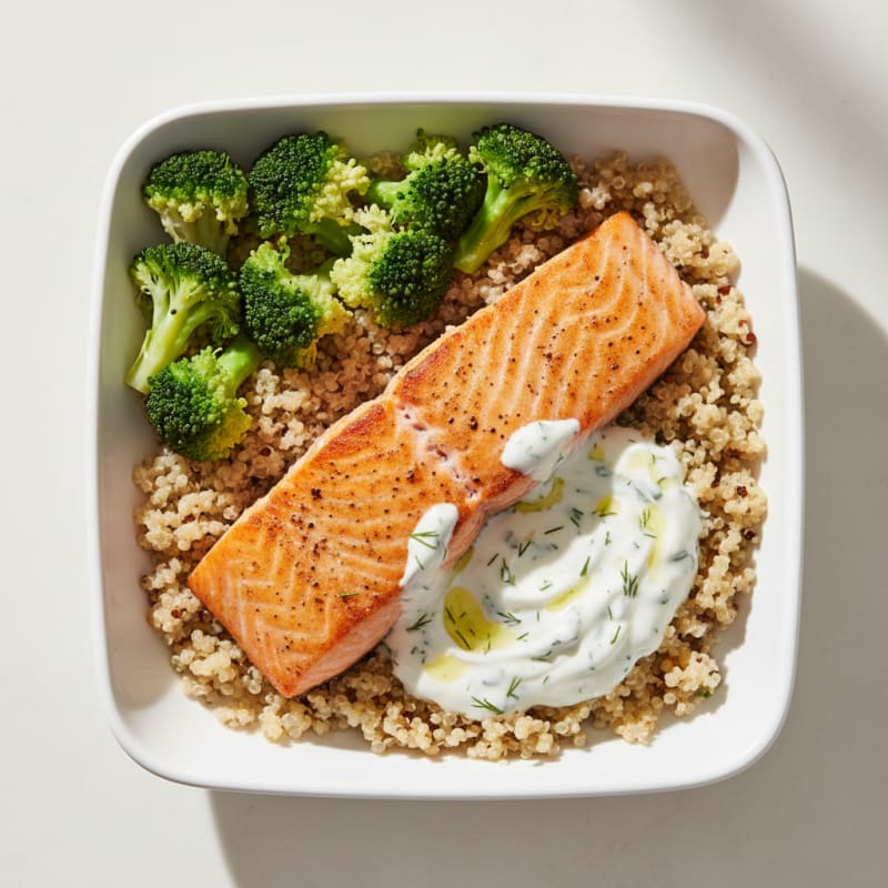 Seared Salmon with Steamed Broccoli and Quinoa