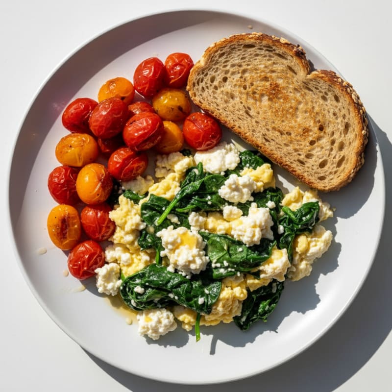 Cottage Cheese Egg Scramble with Sautéed Spinach and Cherry Tomatoes