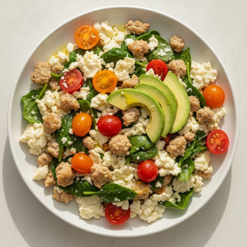 Egg White and Turkey Sausage Scramble with Spinach and Tomatoes