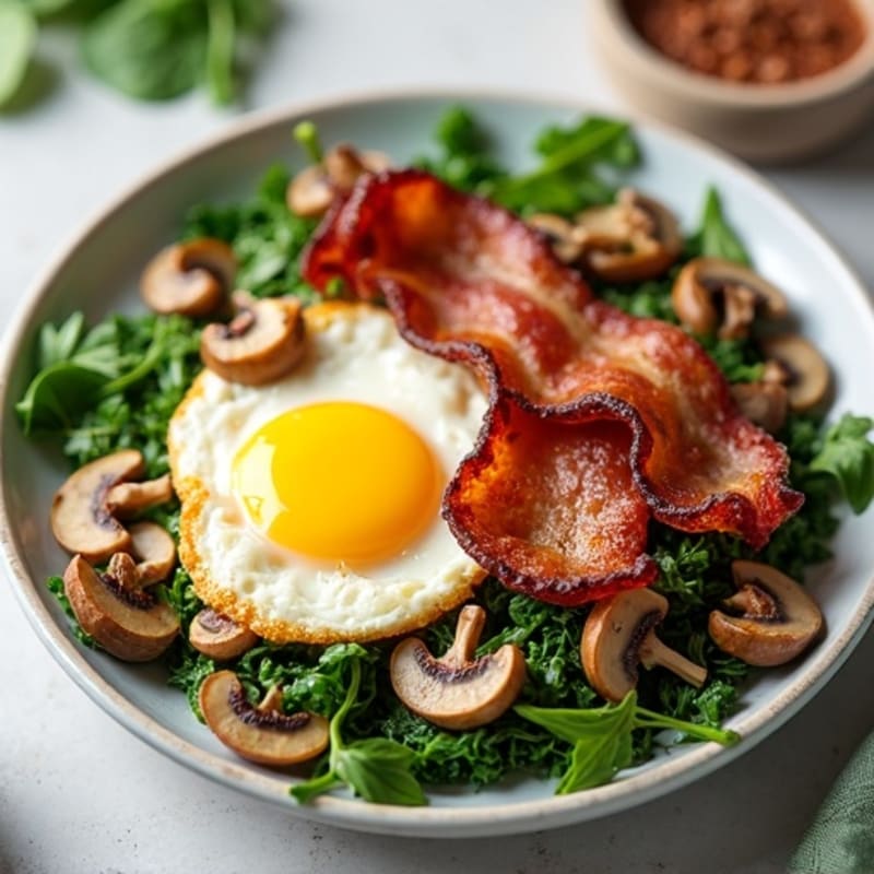 Crispy Turkey Bacon and Spinach Egg Scramble with Sautéed Mushrooms