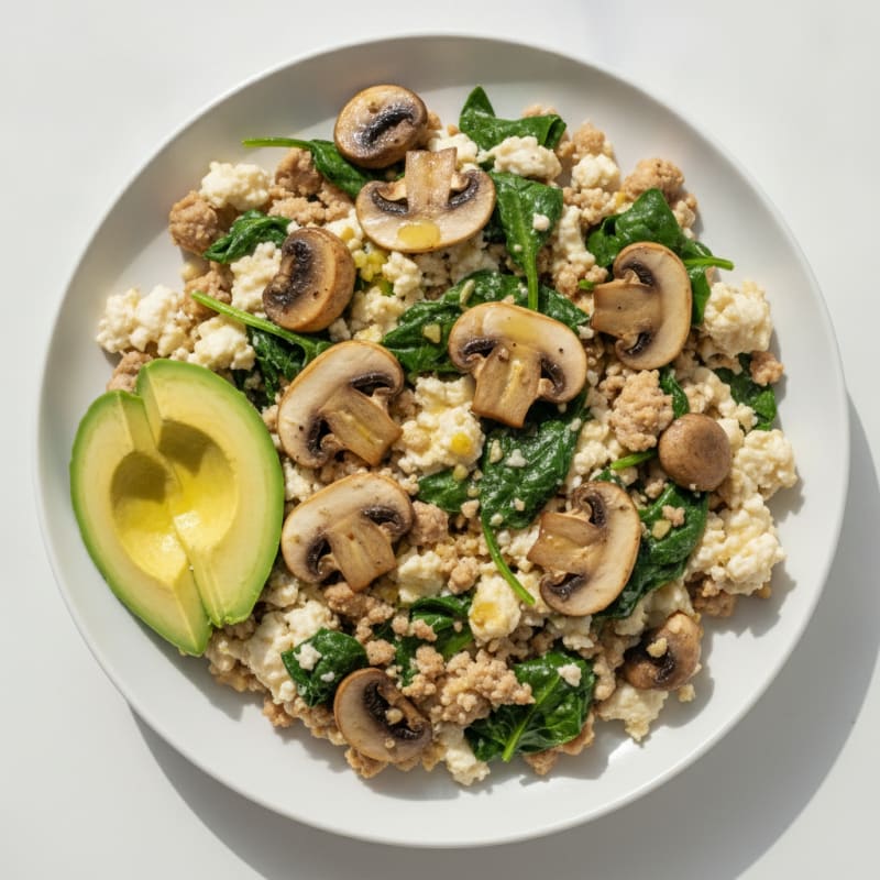 Egg White and Turkey Spinach Scramble with Sautéed Mushrooms