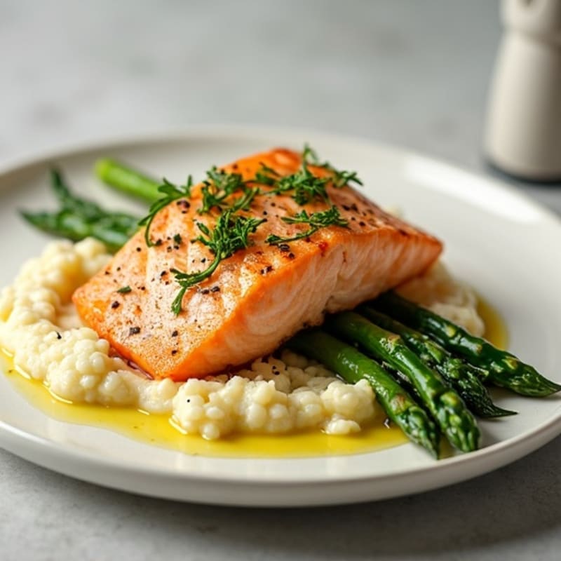 Seared Salmon with Steamed Asparagus and Cauliflower Mash