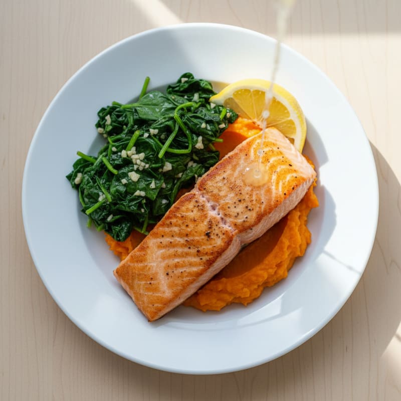 Seared Salmon with Garlic Spinach and Sweet Potato Mash