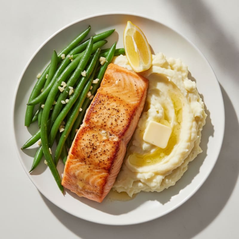Seared Salmon with Garlic Green Beans and Mashed Yukon Gold Potatoes