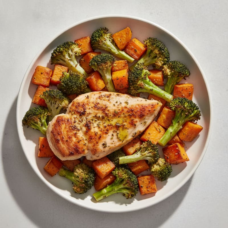 Herb-Seared Chicken Breast with Roasted Broccoli and Sweet Potato