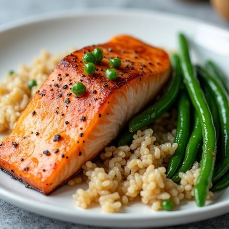 Seared Salmon Fillet with Brown Rice and Garlic Green Beans